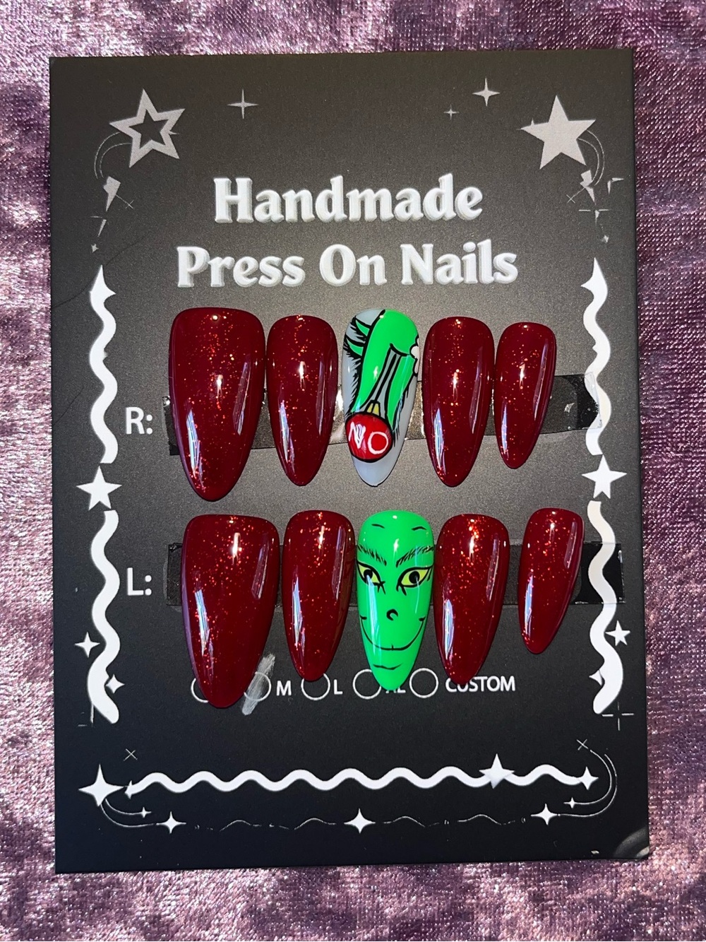 Handmade Press On Nails - Red with Green Accent -